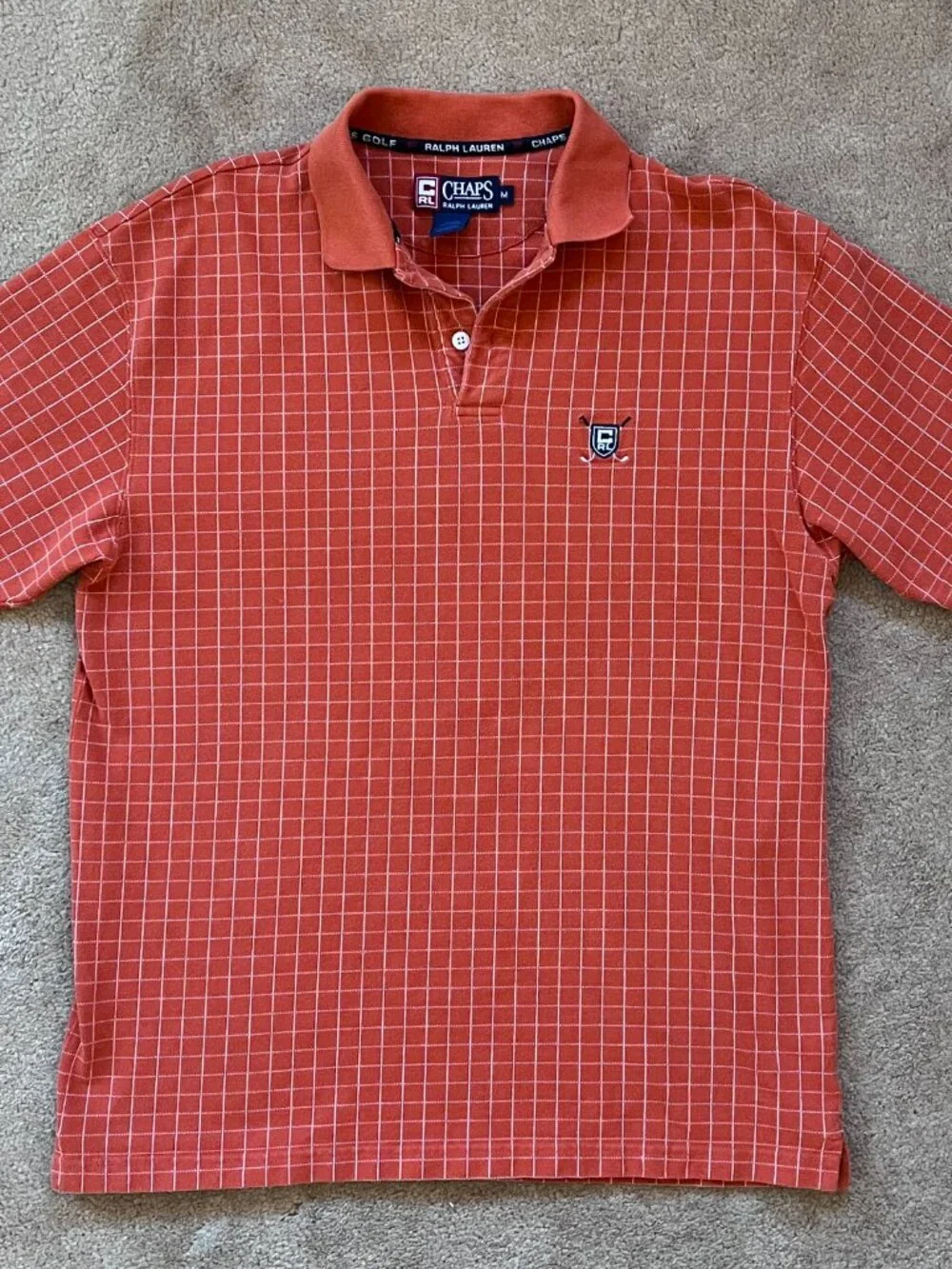 Vintage 90s Chaps Ralph Lauren Golf Shield Polo Shirt Men's M Orange Pattern